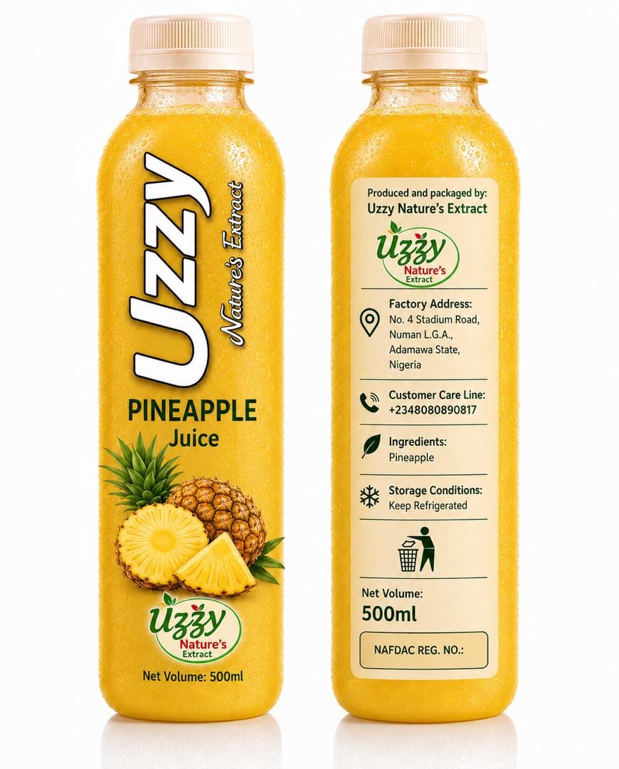Uzzy pineapple juice bottle showing front and back label