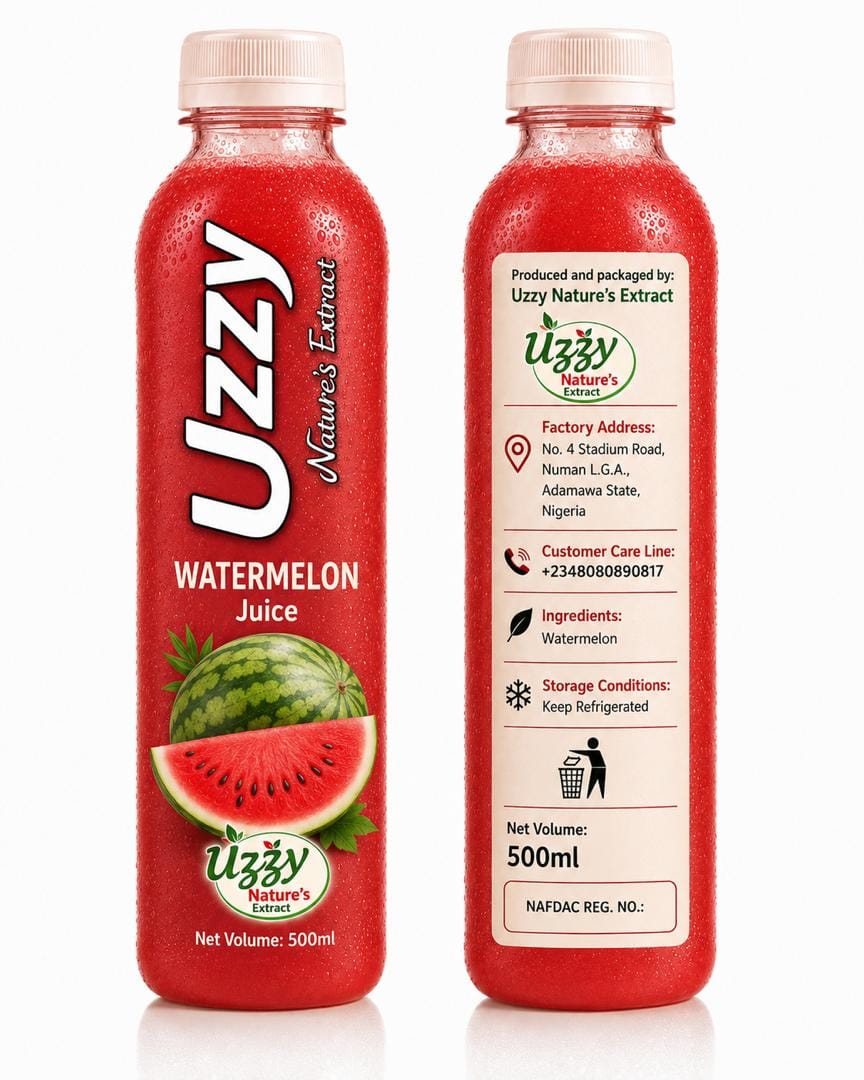 Uzzy Nature's Extract watermelon juice bottle, front and back label