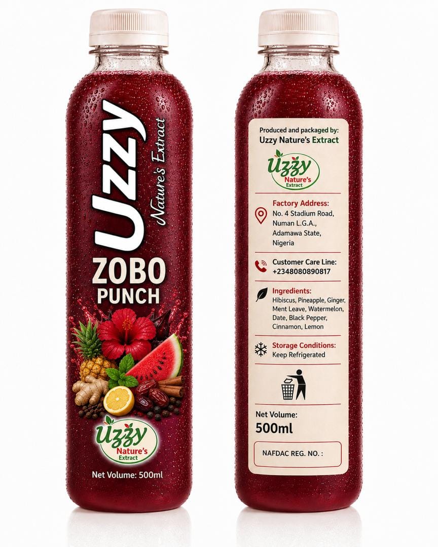 Uzzy Zobo Punch bottle showing front and back labels with factory address and ingredients