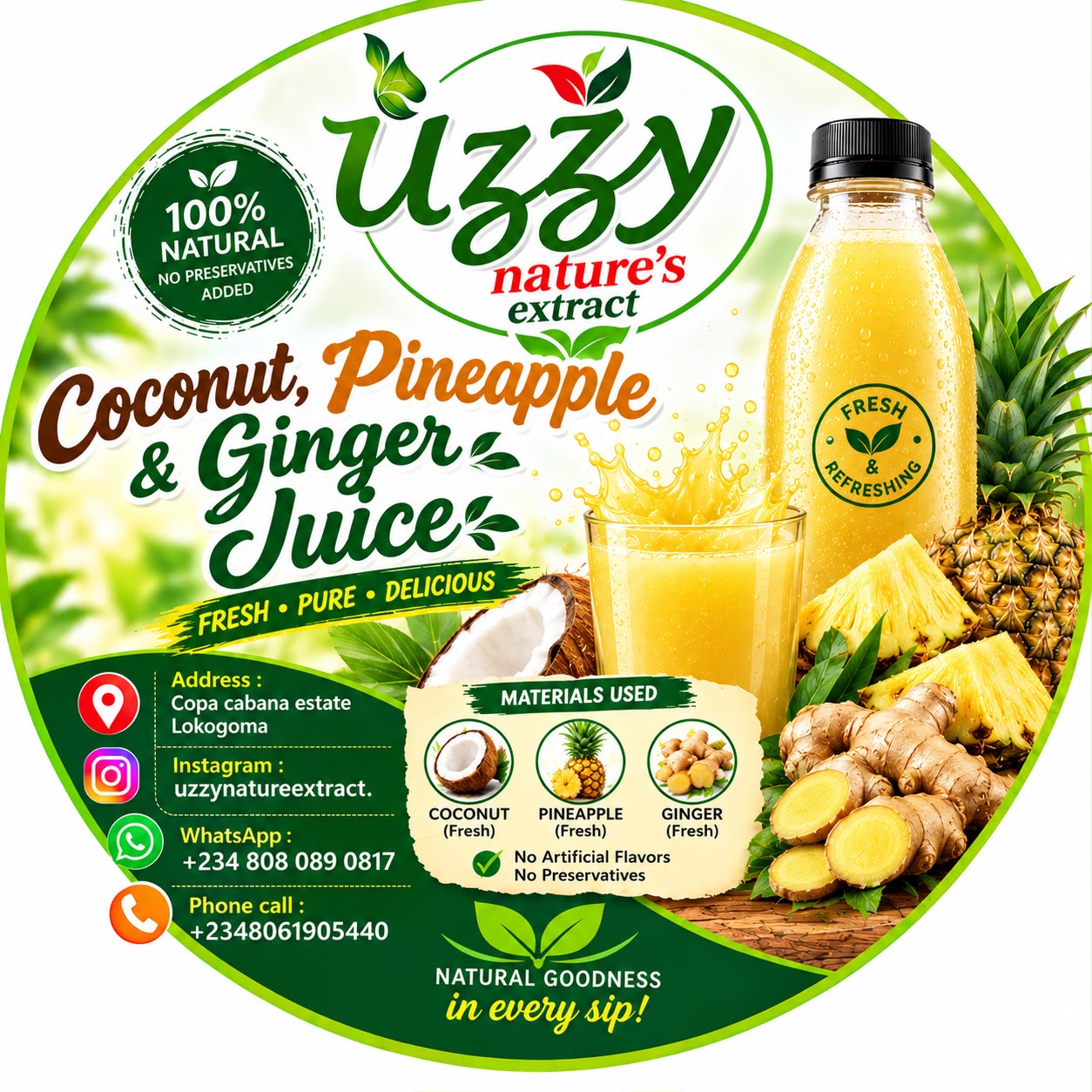Uzzy coconut, pineapple and ginger juice label