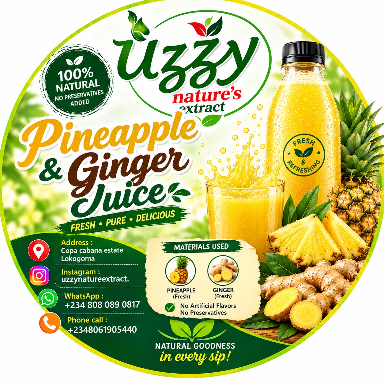 Uzzy pineapple and ginger juice label